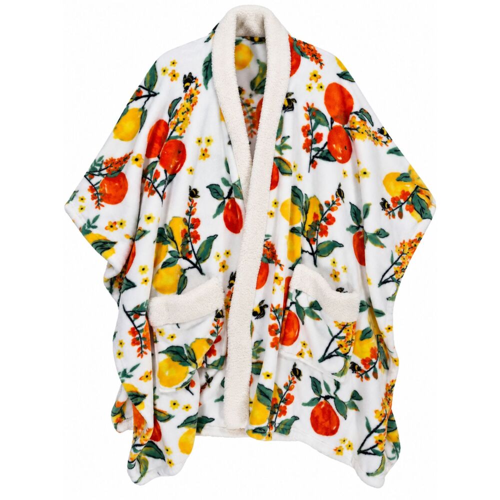 Citrus Bee Print Plush Wearable Blanket Wrap Poncho with Pockets XXL